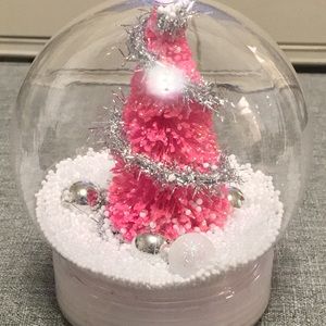 Retro Pink Christmas Tree Plastic Snow Globe NEW OOAK bottlebrush snow bulbs